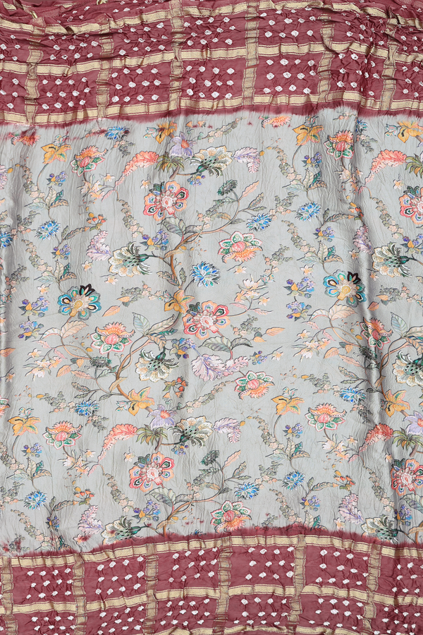 Bandhani Silk Saree In Grey With Floral Design