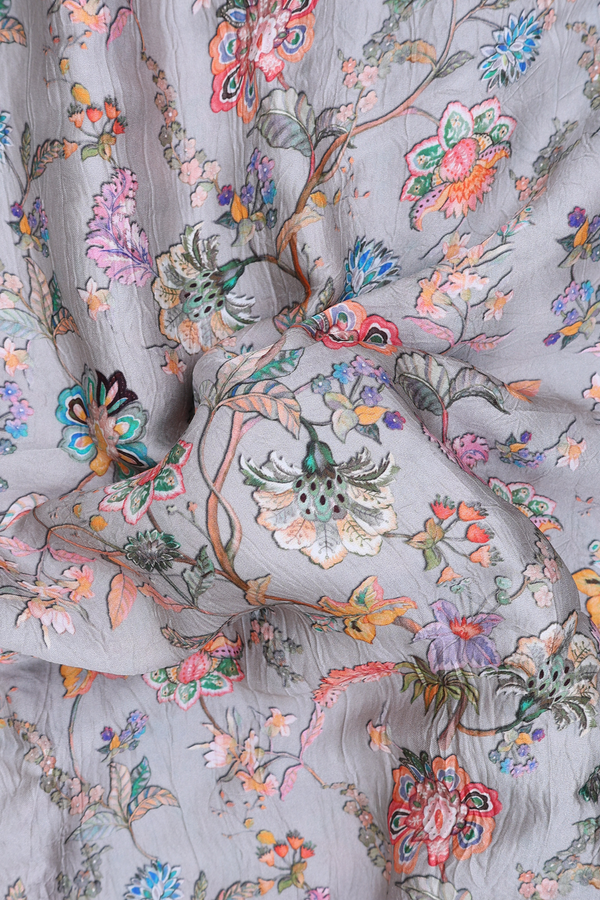 Bandhani Silk Saree In Grey With Floral Design
