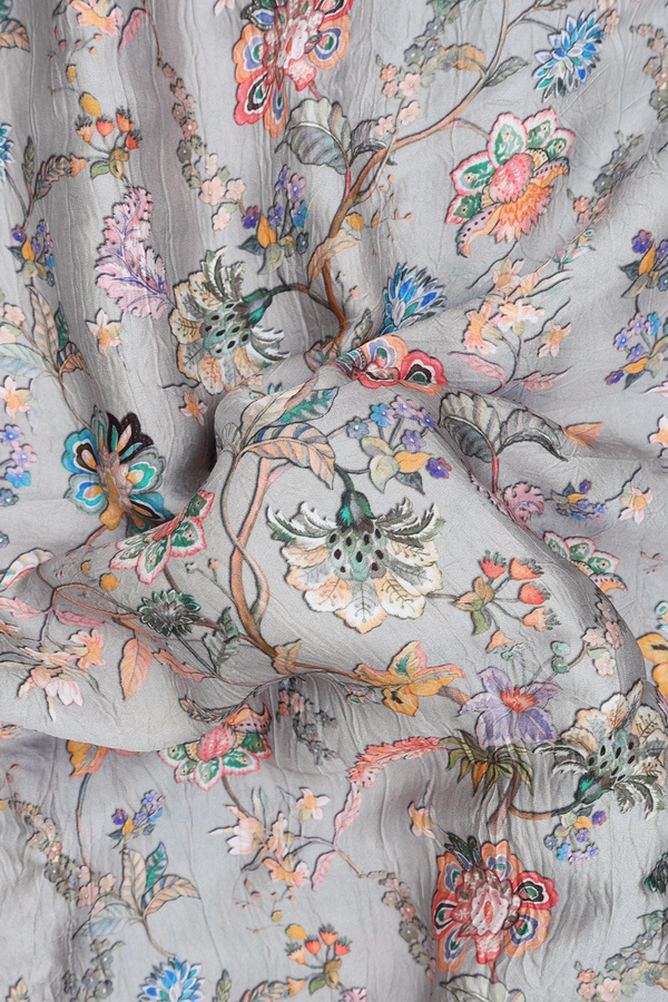 Bandhani Silk Saree In Grey With Floral Design