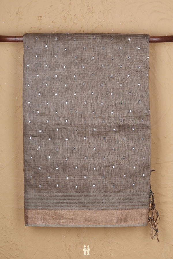 Linen Saree In Dusty Olive With Mirror Work Buttis