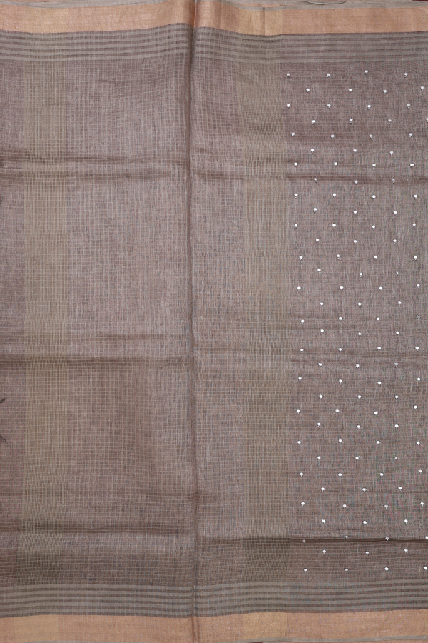 Linen Saree In Dusty Olive With Mirror Work Buttis