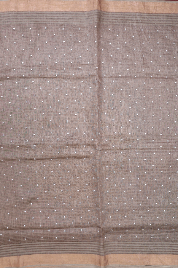 Linen Saree In Dusty Olive With Mirror Work Buttis