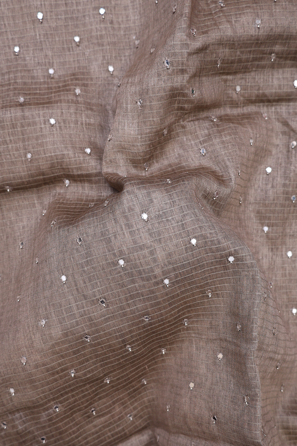 Linen Saree In Dusty Olive With Mirror Work Buttis