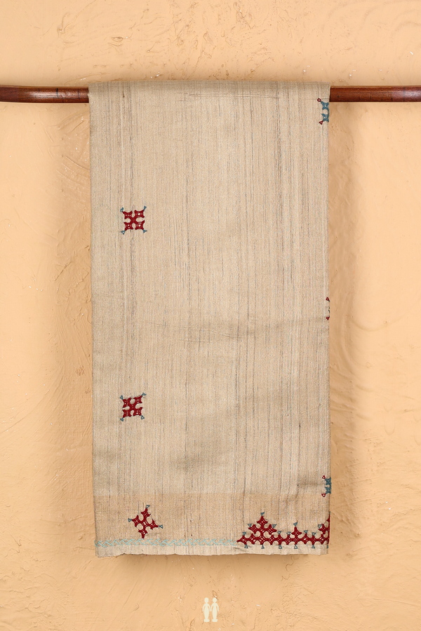 Tussar Silk Saree In Light Brown With Threadwork Buttas