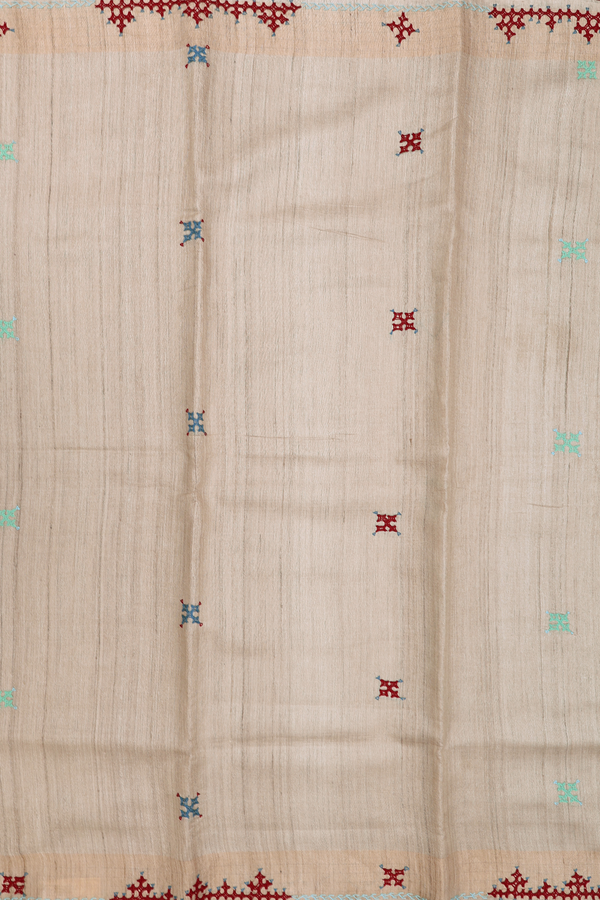 Tussar Silk Saree In Light Brown With Threadwork Buttas