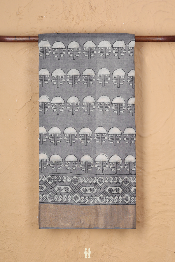 Tussar Silk Saree In Grey With Printed Design