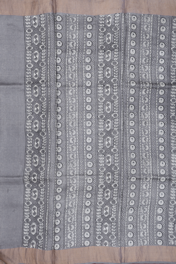 Tussar Silk Saree In Grey With Printed Design