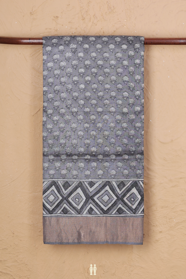 Tussar Silk Saree In Grey With Floral Buttas