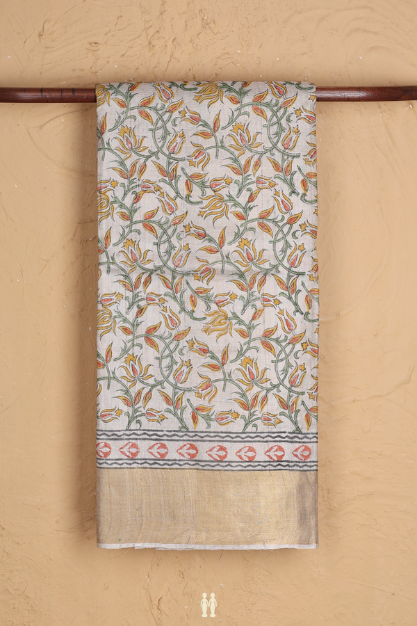 Tussar Silk Saree In Cream Color With Floral Design