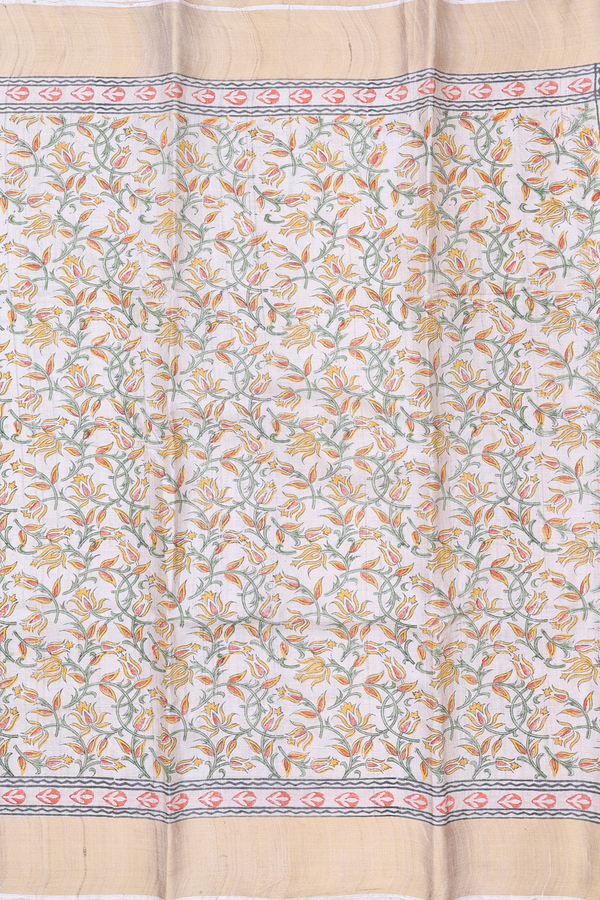Tussar Silk Saree In Cream Color With Floral Design