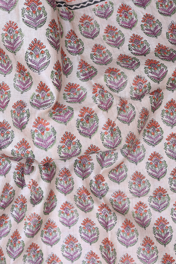 Tussar Silk Saree In Cream Color With Floral Buttas