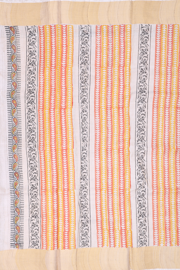 Tussar Silk Saree In Cream Color With Paisley Motifs