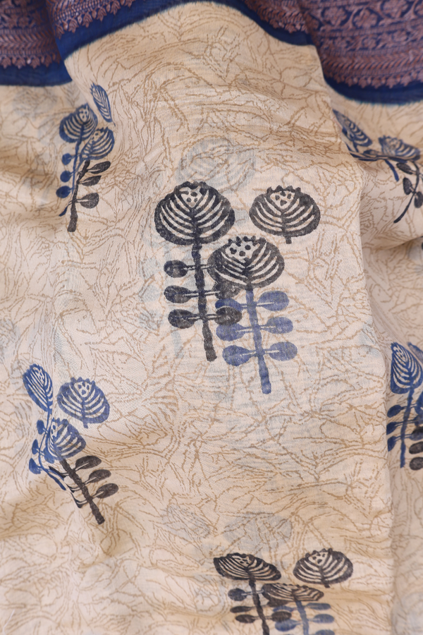 Chanderi Silk Cotton Saree Cream Color With Printed Design