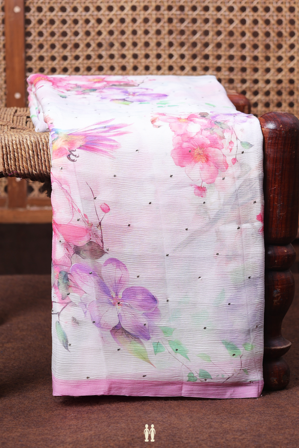 Chiffon Saree In White With Floral Printed Design