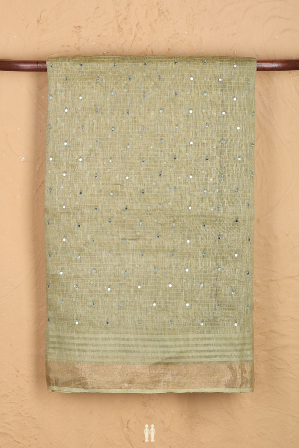 Linen Saree In Moss Green With Mirror Work Buttis