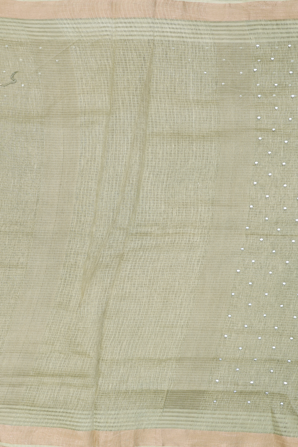 Linen Saree In Moss Green With Mirror Work Buttis