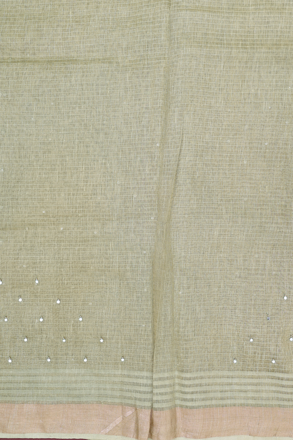 Linen Saree In Moss Green With Mirror Work Buttis