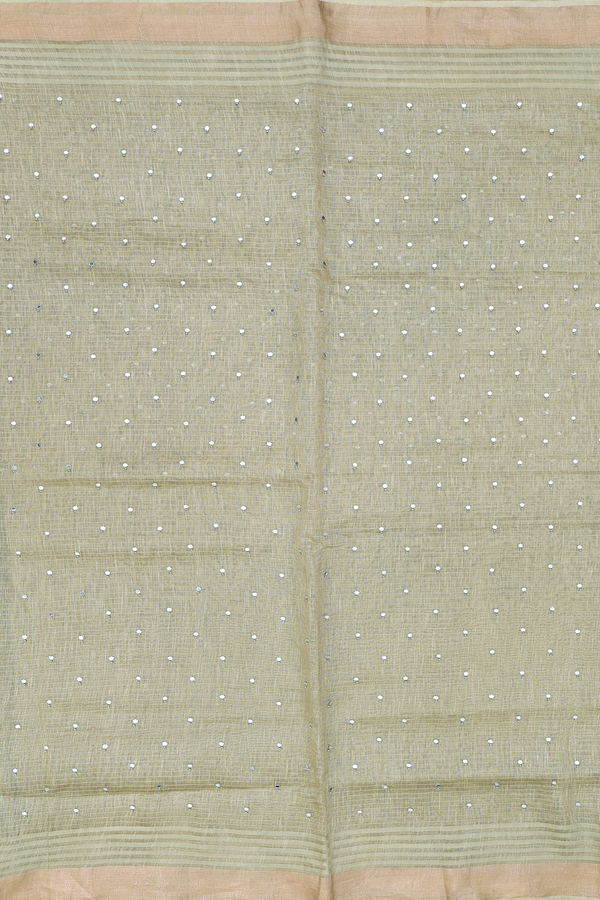 Linen Saree In Moss Green With Mirror Work Buttis