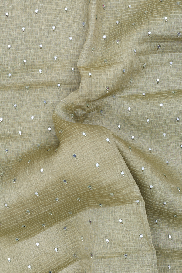 Linen Saree In Moss Green With Mirror Work Buttis