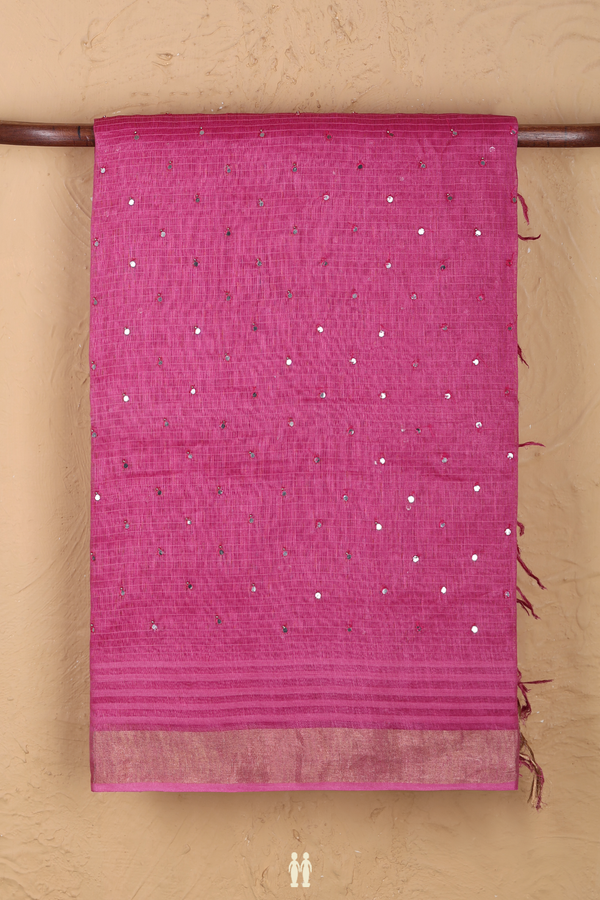 Linen Saree In Dark Pink With Mirror Work Buttis