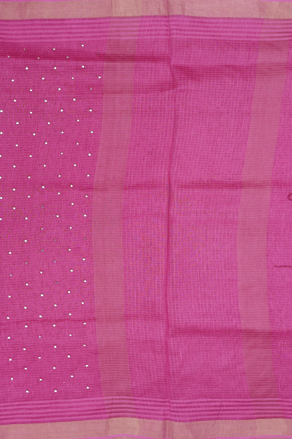Linen Saree In Dark Pink With Mirror Work Buttis