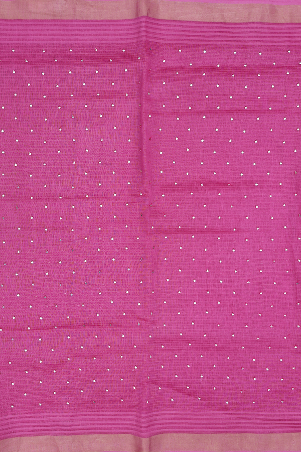 Linen Saree In Dark Pink With Mirror Work Buttis