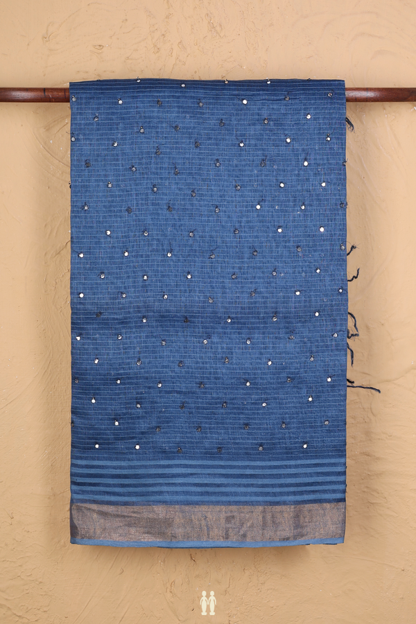 Linen Saree In Cobalt Blue With Mirror Work Buttis