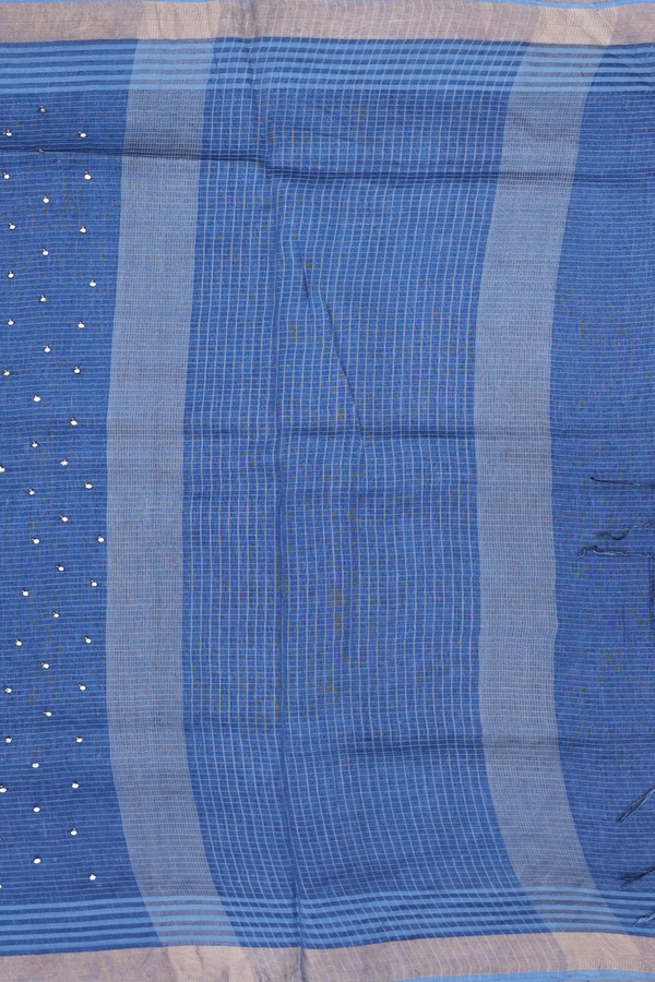 Linen Saree In Cobalt Blue With Mirror Work Buttis