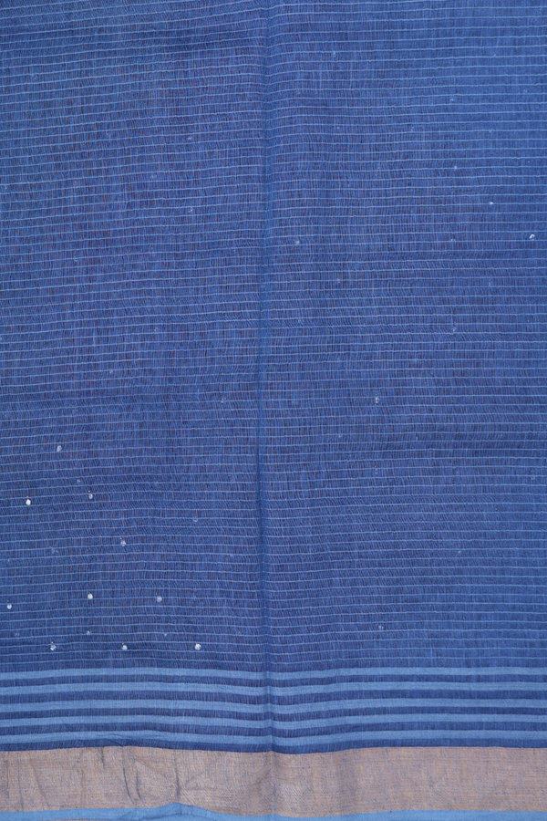 Linen Saree In Cobalt Blue With Mirror Work Buttis