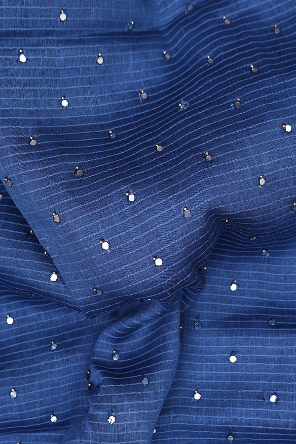 Linen Saree In Cobalt Blue With Mirror Work Buttis