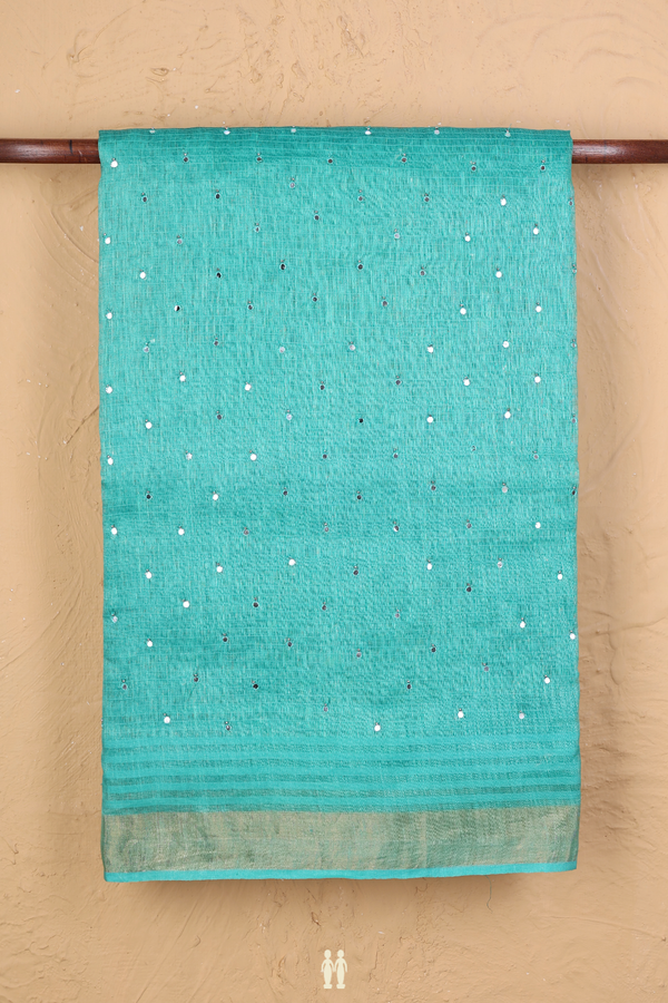 Linen Saree In Aqua Green With Mirror Work Buttis