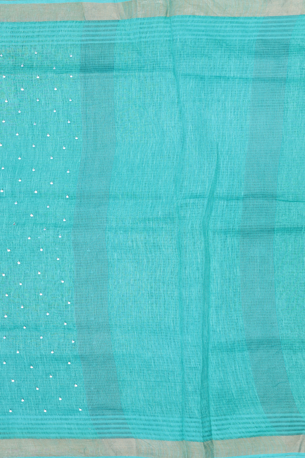 Linen Saree In Aqua Green With Mirror Work Buttis