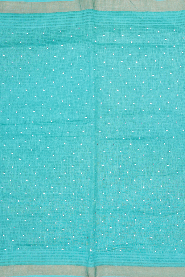 Linen Saree In Aqua Green With Mirror Work Buttis