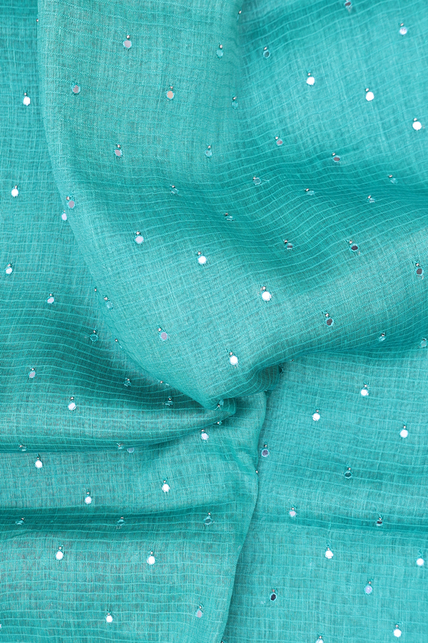 Linen Saree In Aqua Green With Mirror Work Buttis