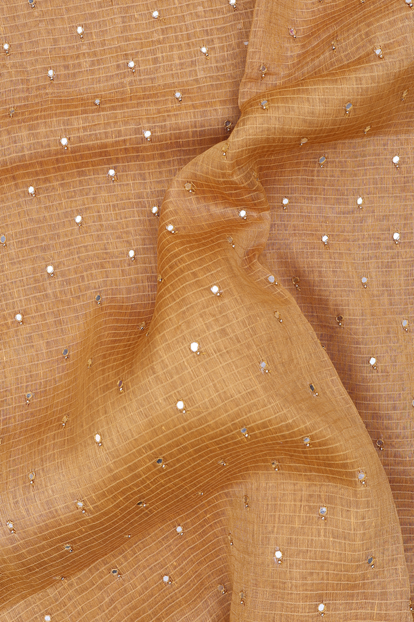Linen Saree In Mustard With Mirror Work Buttis