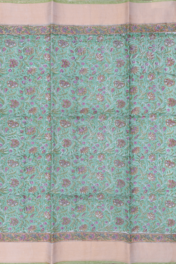 Tussar Silk Saree In Green With Floral Printed Design