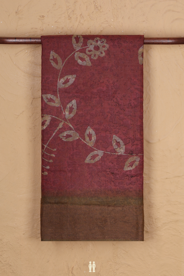 Tussar Silk Saree In Dusty Red With Floral Design