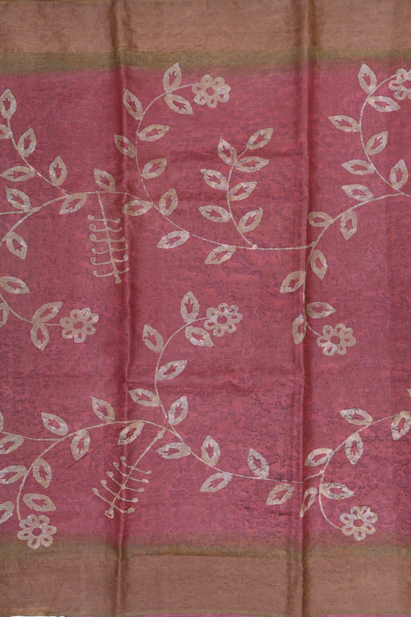 Tussar Silk Saree In Dusty Red With Floral Design