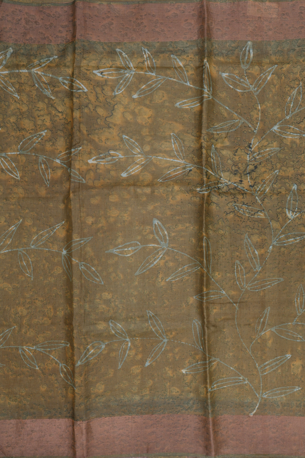 Tussar Silk Saree In Green With Leaf Printed Design