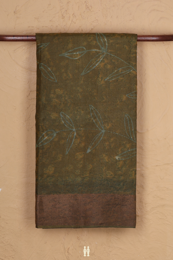 Tussar Silk Saree In Green With Leaf Printed Design