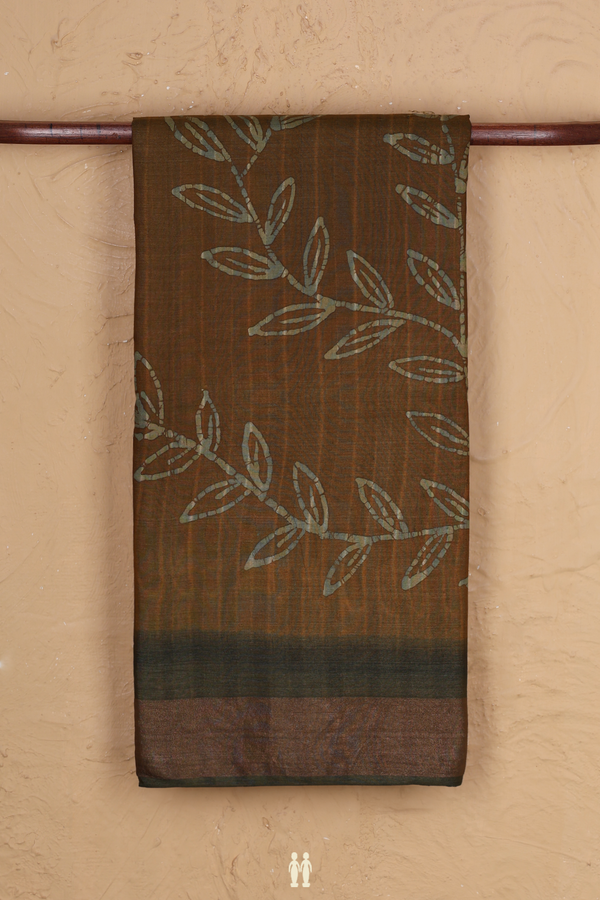 Tussar Silk Saree In Golden Brown With Leaf Design