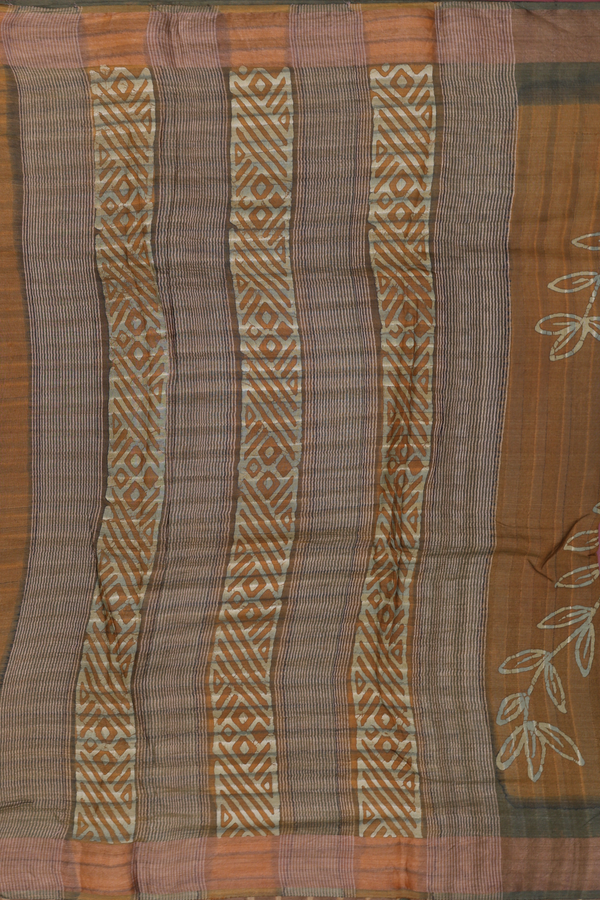 Tussar Silk Saree In Golden Brown With Leaf Design