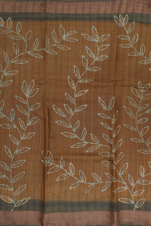 Tussar Silk Saree In Golden Brown With Leaf Design