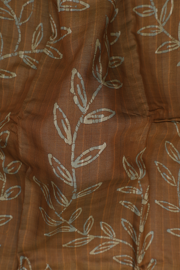 Tussar Silk Saree In Golden Brown With Leaf Design
