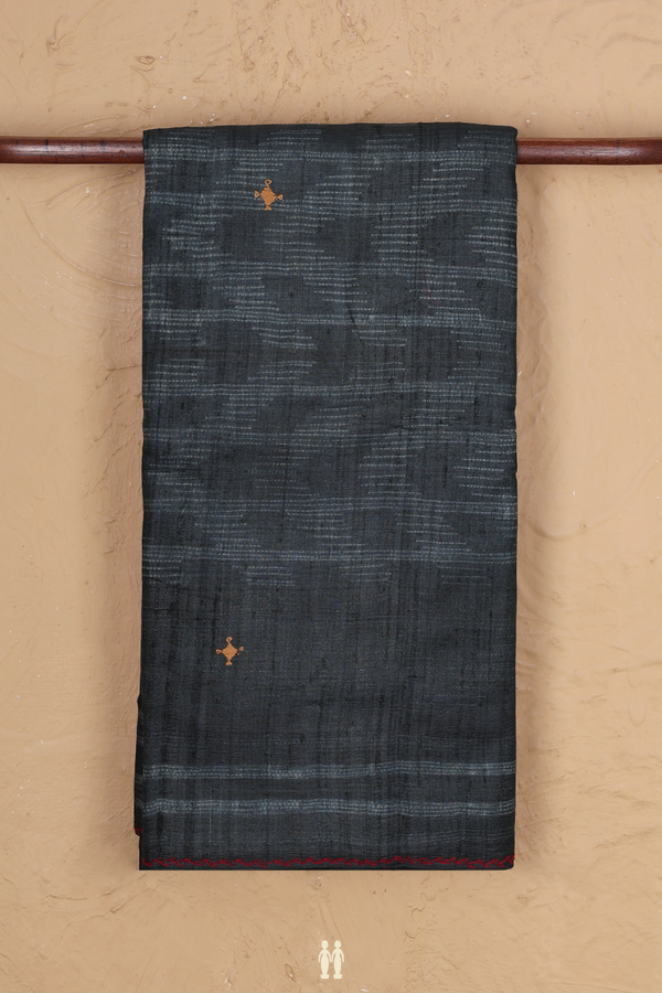 Tussar Silk Saree In Charcoal Grey With Threadwork Buttas