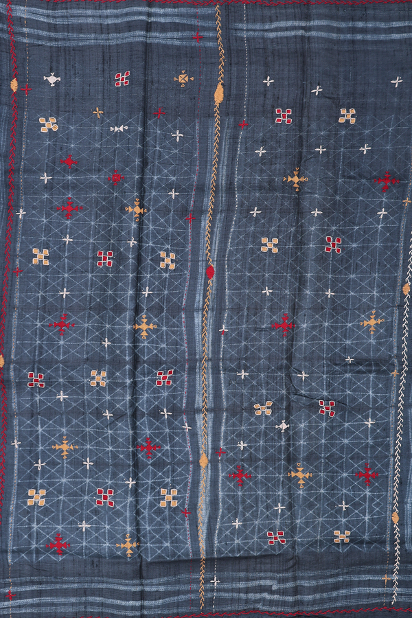 Tussar Silk Saree In Charcoal Grey With Threadwork Buttas
