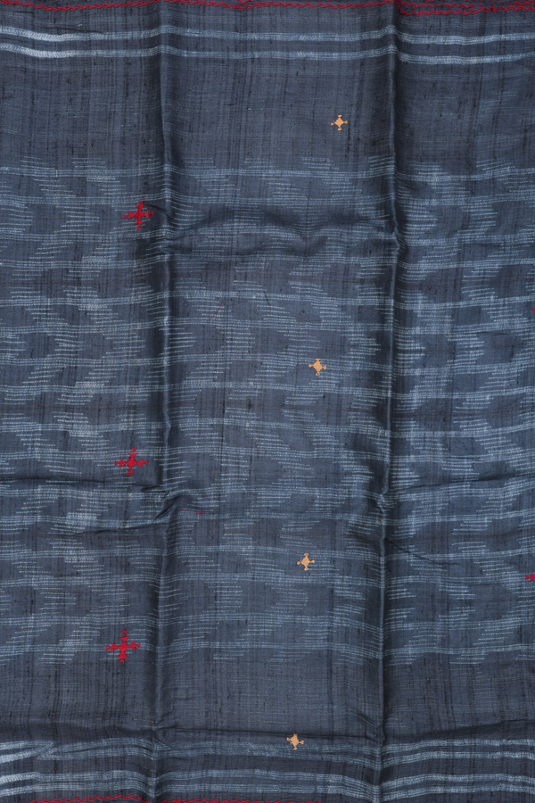 Tussar Silk Saree In Charcoal Grey With Threadwork Buttas