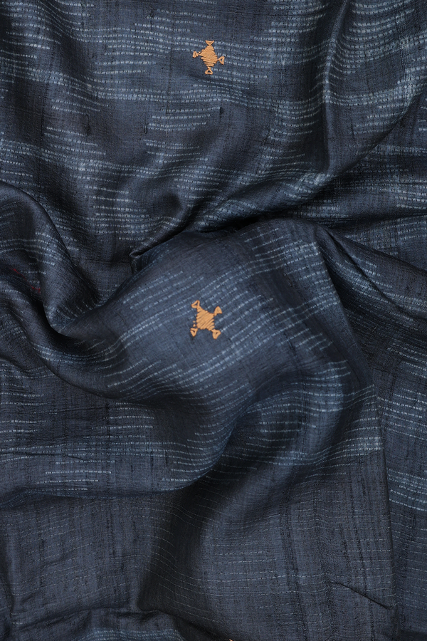 Tussar Silk Saree In Charcoal Grey With Threadwork Buttas