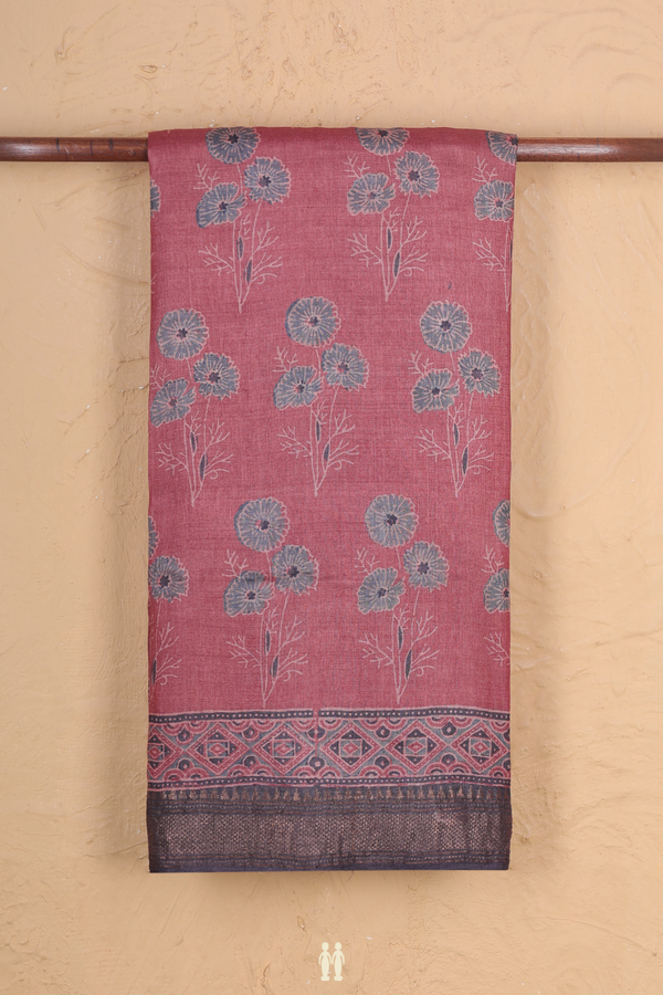 Tussar Silk Saree In Brick Red With Floral Motifs