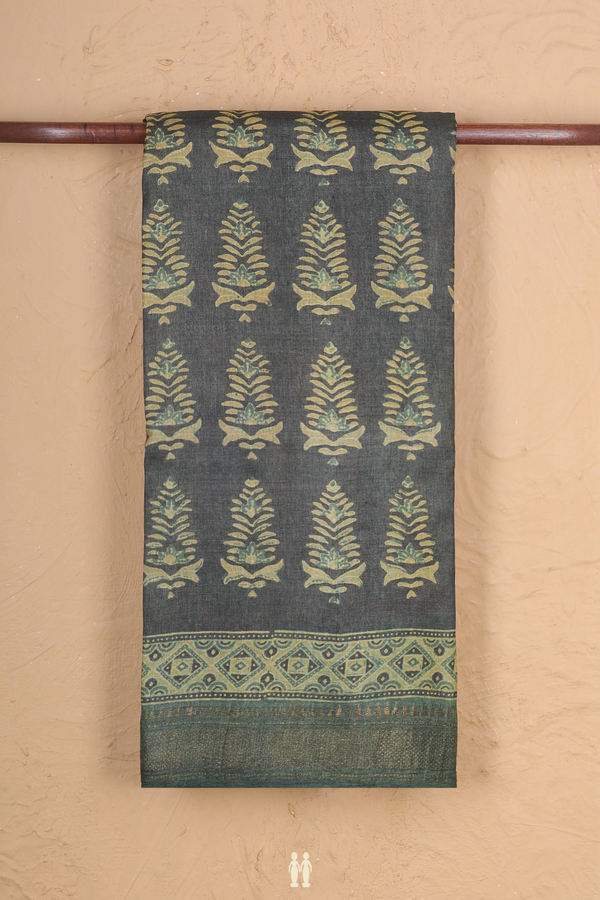 Tussar Silk Saree In Greenish Grey With Printed Motifs